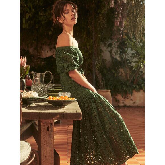Veronica Beard Cali Off Shoulder Broderie Anglaise Cotton Voile Maxi Dress Green - Picture 3 of 8